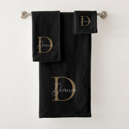 Monogram Elegant Black and Gold Script Bad Handdoek