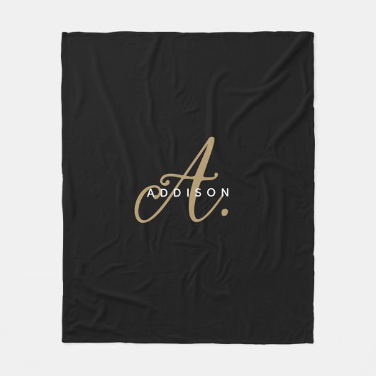 Monogram Elegant Black and Gold Script Fleece Deken (Voorkant)