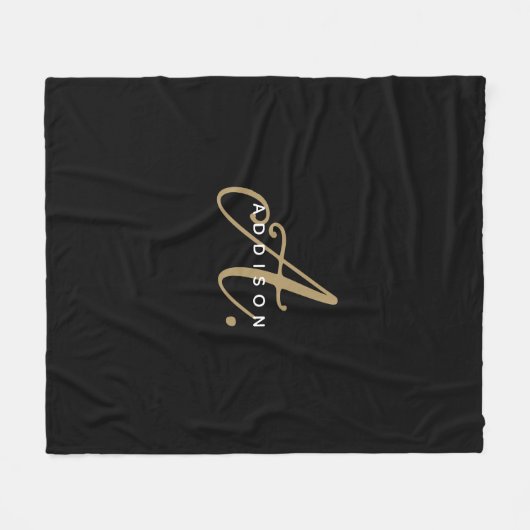 Monogram Elegant Black and Gold Script Fleece Deken (Voorkant (Horizontaal))