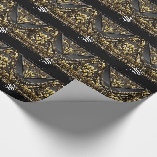 Monogram Elegant Black and Gold Trim Cadeaupapier (Hoek)