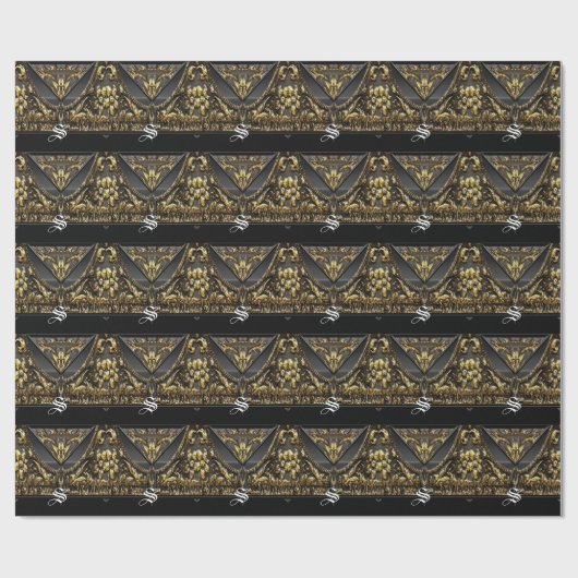 Monogram Elegant Black and Gold Trim Cadeaupapier (Vlak)