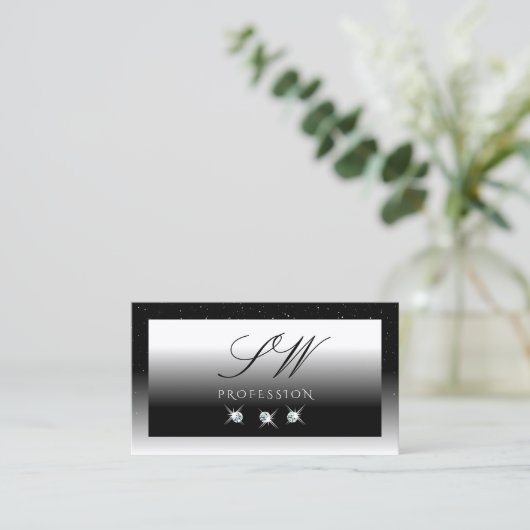 Monogram Elegant Black and White Sparkle Diamonds Visitekaartje (Staand voorkant)