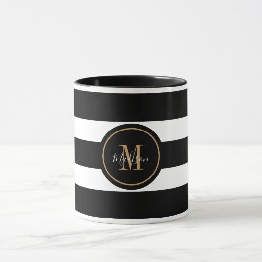 Monogram Elegant Black and White Stripes Script Mok (Midden)