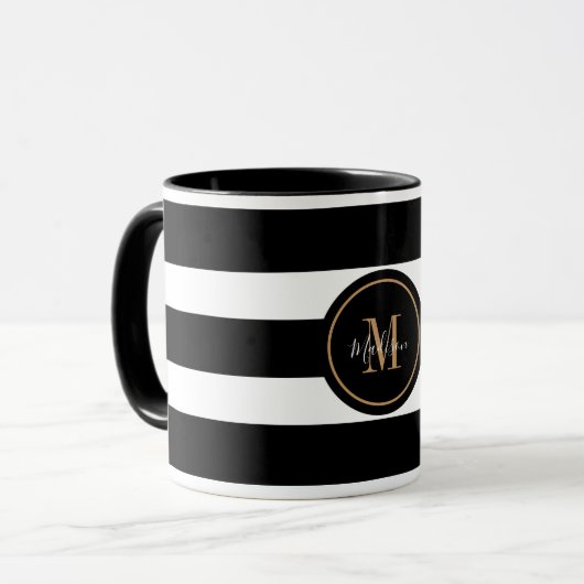 Monogram Elegant Black and White Stripes Script Mok (Voorkant links)