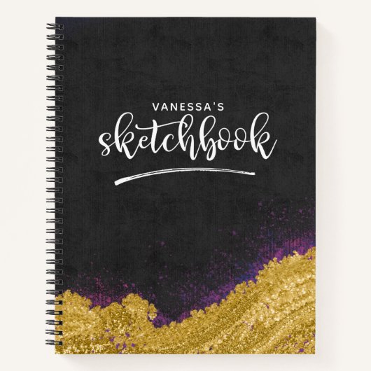 Monogram Elegant Black Artist Sketchbook met naam Notitieboek (Voorkant)
