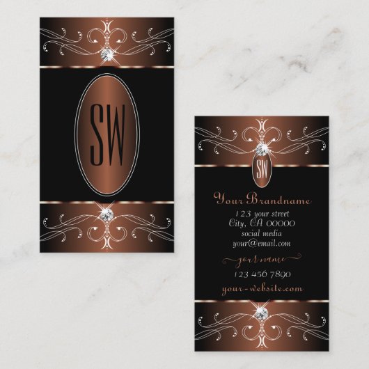 Monogram Elegant Black en Brown  Ornamenten Visitekaartje (Voorkant / Achterkant)
