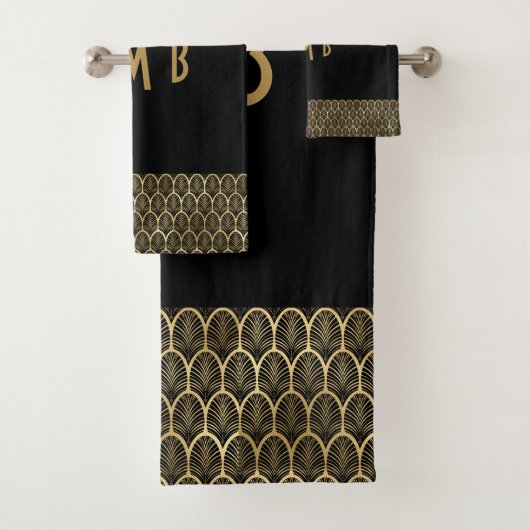 Monogram Elegant Black en Gold Art Deco Gatsby Bad Handdoek (Insitu)