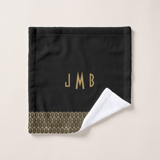 Monogram Elegant Black en Gold Art Deco Gatsby Bad Handdoek (Wasdoekje)