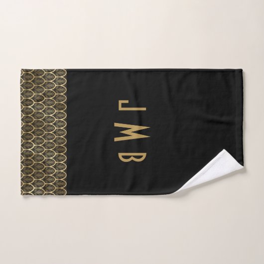 Monogram Elegant Black en Gold Art Deco Gatsby Bad Handdoek (Handdoek)