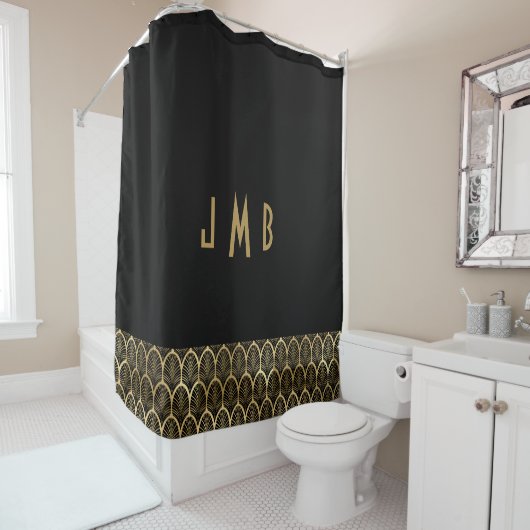 Monogram Elegant Black en Gold Art Deco Gatsby Douchegordijn (In situ)