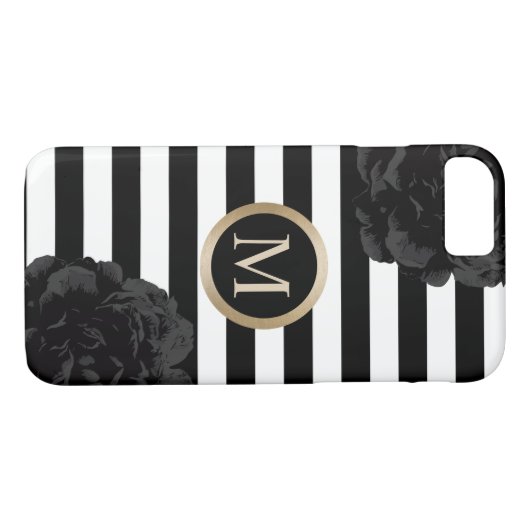 Monogram Elegant Black Floral Modern Stripes Case-Mate iPhone Case (Achterkant (Horizontaal))