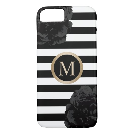 Monogram Elegant Black Floral Modern Stripes Case-Mate iPhone Case (Achterkant)
