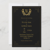 Monogram Elegant Black Gold Leaf Wedding Kaart (Voorkant)