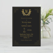 Monogram Elegant Black Gold Leaf Wedding Kaart (Staand voorkant)