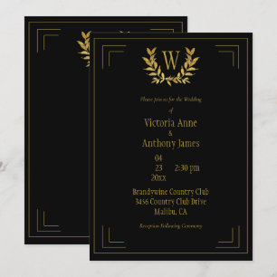 Monogram Elegant Black Gold Leaf Wedding Kaart