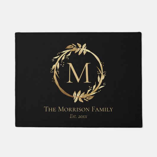 Monogram Elegant Black Gold Wreated Family Name Deurmat (Voorkant)