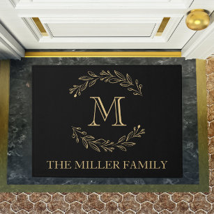 Monogram Elegant Black Gold Wreated Family Name Deurmat