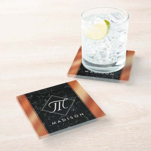 Monogram Elegant Black Marble & Bronze Folie Glazen Onderzetter (Schuin)