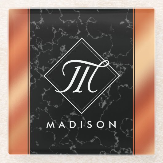 Monogram Elegant Black Marble & Bronze Folie Glazen Onderzetter (Voorkant)