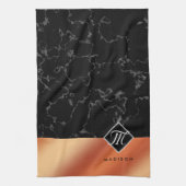 Monogram Elegant Black Marble & Bronze Folie Theedoek (Verticaal)