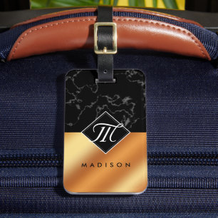 Monogram Elegant Black Marble & Copper Folie Bagagelabel