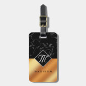 Monogram Elegant Black Marble & Copper Folie Bagagelabel (Voorkant verticaal)