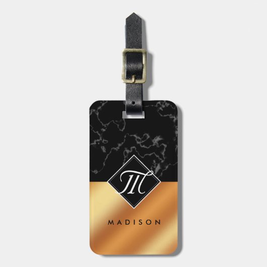 Monogram Elegant Black Marble & Copper Folie Bagagelabel (Voorkant verticaal)