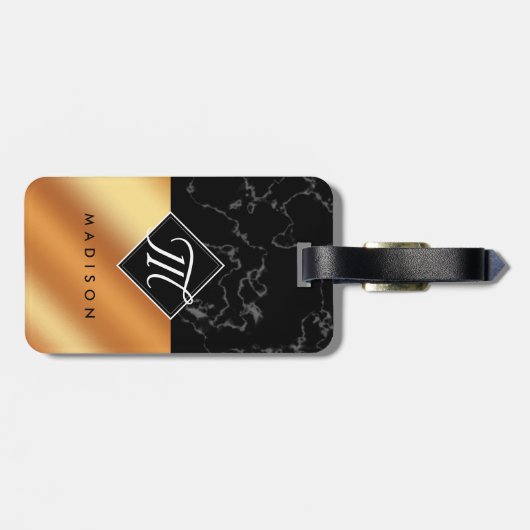 Monogram Elegant Black Marble & Copper Folie Bagagelabel (Achterkant horizontaal)