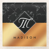 Monogram Elegant Black Marble & Copper Folie Glazen Onderzetter (Voorkant)