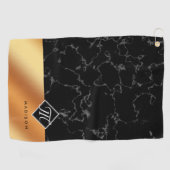 Monogram Elegant Black Marble & Copper Folie Golfhanddoek (Horizontaal)
