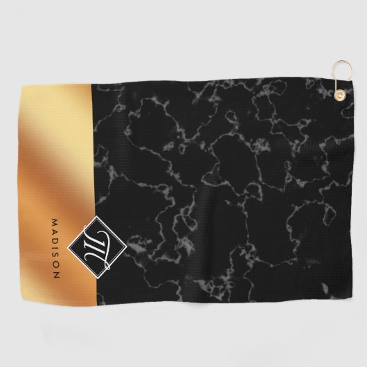 Monogram Elegant Black Marble & Copper Folie Golfhanddoek (Horizontaal)