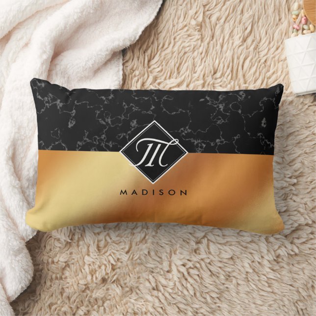 Monogram Elegant Black Marble & Copper Folie Kussen (Deken)