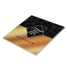 Monogram Elegant Black Marble & Copper Folie Tegeltje