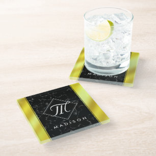 Monogram Elegant Black Marble & Gold/Brass Folie Glazen Onderzetter