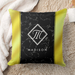 Monogram Elegant Black Marble & Gold/Brass Folie Kussen