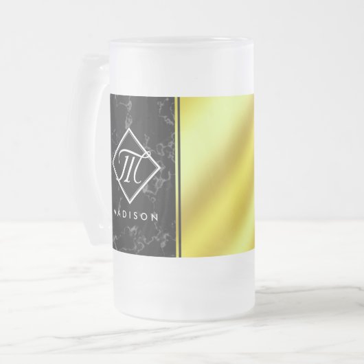 Monogram Elegant Black Marble & Gold/Brass Folie Matglas Bierpul (Voorkant links)
