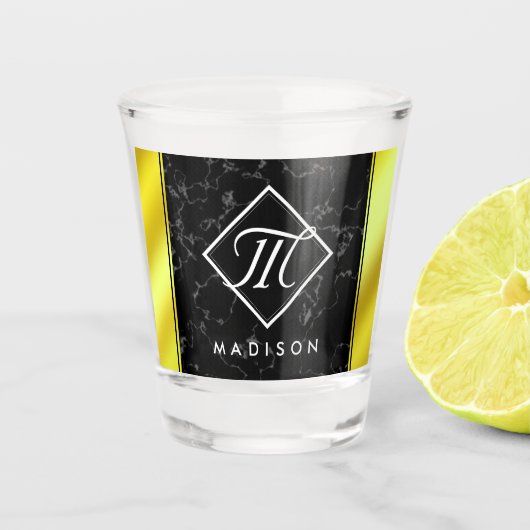 Monogram Elegant Black Marble & Gold/Brass Folie Shot Glas (Voorkant)