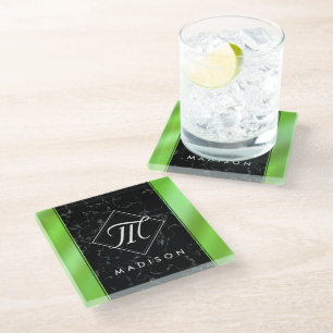 Monogram Elegant Black Marble & Lime Green Folie Glazen Onderzetter
