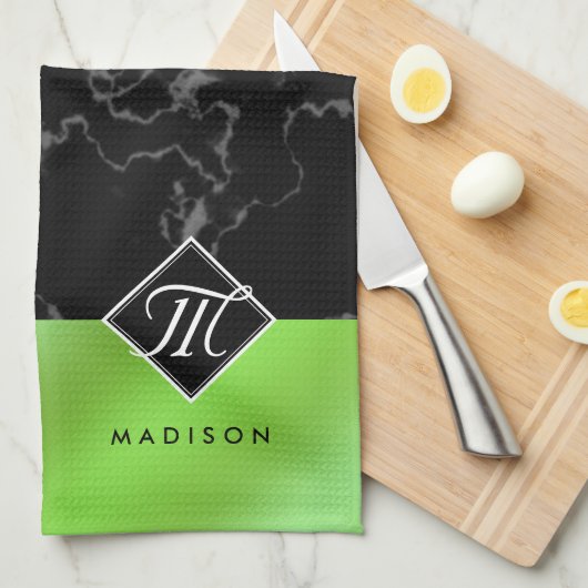 Monogram Elegant Black Marble & Lime Green Folie Theedoek (Quarter Fold)