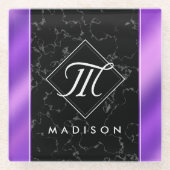 Monogram Elegant Black Marble & Paarse Folie Glazen Onderzetter (Voorkant)
