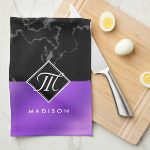 Monogram Elegant Black Marble & Paarse Folie Theedoek