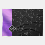 Monogram Elegant Black Marble & Paarse Folie Theedoek (Horizontaal)