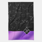 Monogram Elegant Black Marble & Paarse Folie Theedoek (Verticaal)