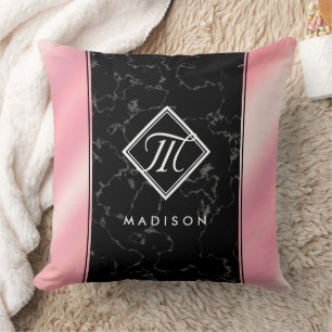 Monogram Elegant Black Marble & Pink Folie Kussen