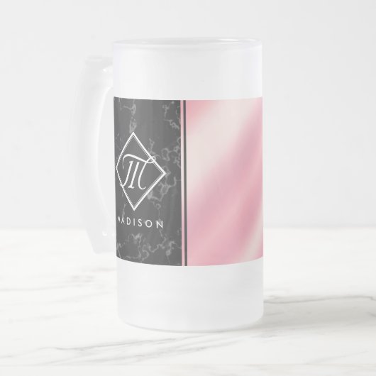 Monogram Elegant Black Marble & Pink Folie Matglas Bierpul (Voorkant links)