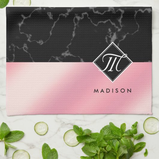 Monogram Elegant Black Marble & Pink Folie Theedoek (Gevouwen)