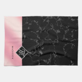 Monogram Elegant Black Marble & Pink Folie Theedoek (Horizontaal)