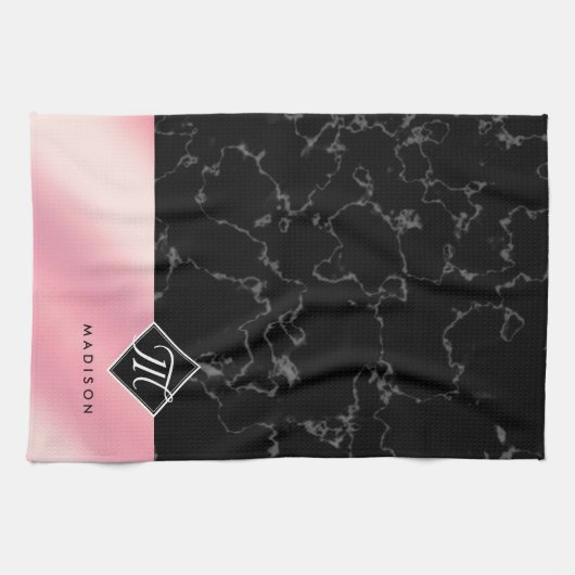 Monogram Elegant Black Marble & Pink Folie Theedoek (Horizontaal)