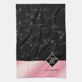 Monogram Elegant Black Marble & Pink Folie Theedoek (Verticaal)