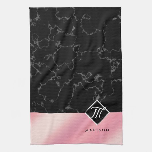 Monogram Elegant Black Marble & Pink Folie Theedoek (Verticaal)